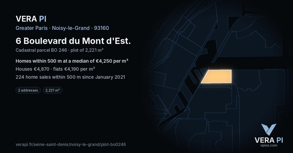 6 Boulevard du Mont d'Est, Noisy-le-Grand at night – the plot lit, the parcels around coloured by the prices near them