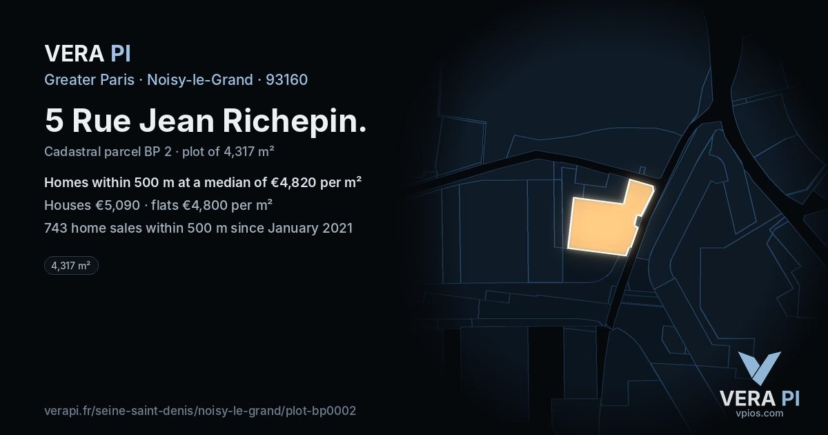 5 Rue Jean Richepin, Noisy-le-Grand at night – the plot lit, the parcels around coloured by the prices near them