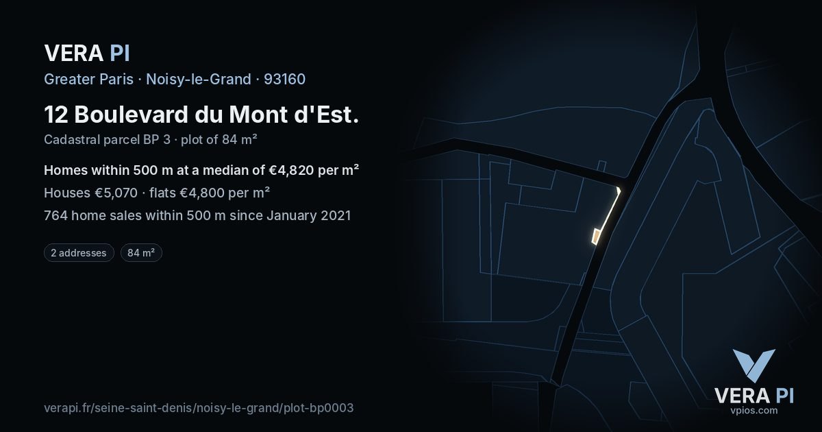 12 Boulevard du Mont d'Est, Noisy-le-Grand at night – the plot lit, the parcels around coloured by the prices near them