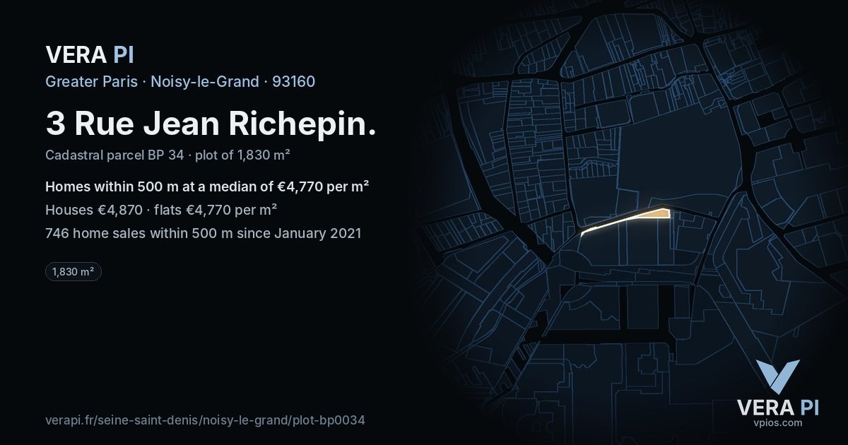 3 Rue Jean Richepin, Noisy-le-Grand at night – the plot lit, the parcels around coloured by the prices near them