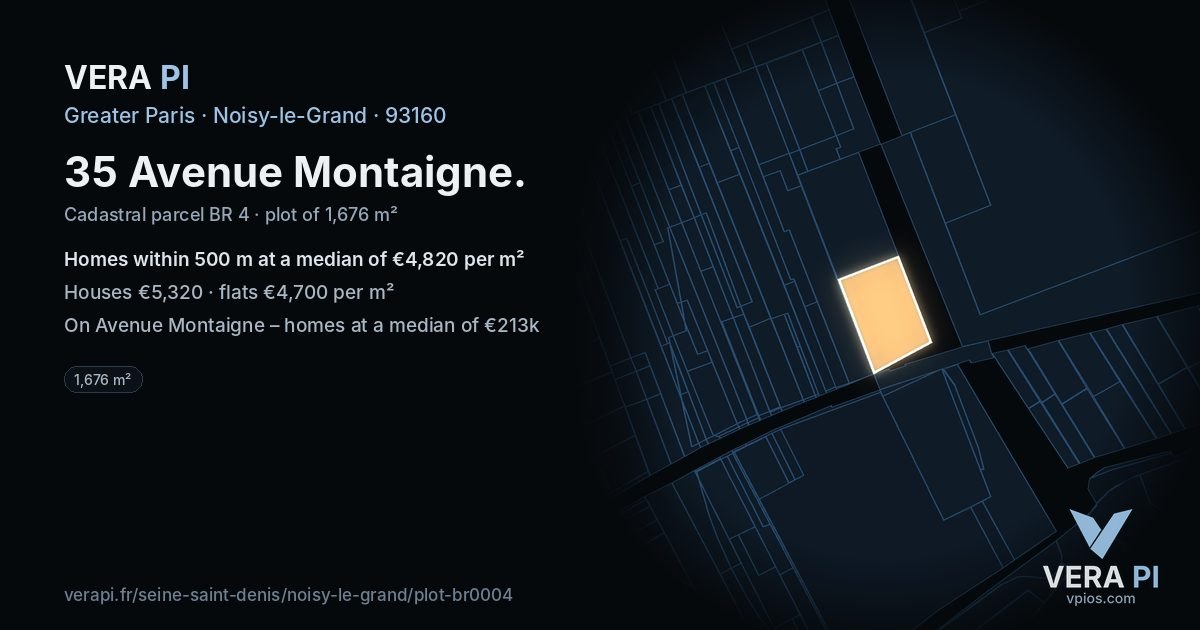 35 Avenue Montaigne, Noisy-le-Grand at night – the plot lit, the parcels around coloured by the prices near them