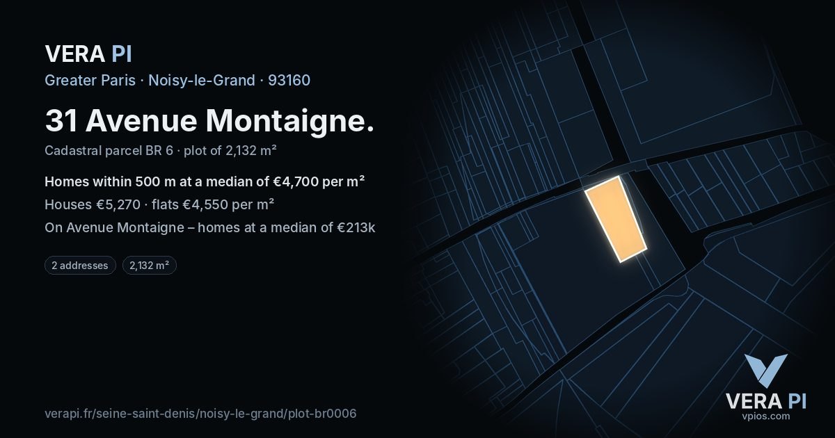 31 Avenue Montaigne, Noisy-le-Grand at night – the plot lit, the parcels around coloured by the prices near them