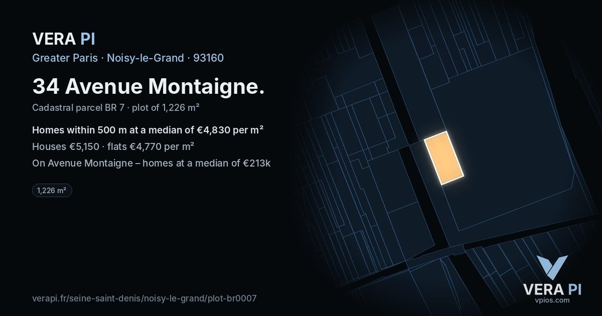 34 Avenue Montaigne, Noisy-le-Grand at night – the plot lit, the parcels around coloured by the prices near them