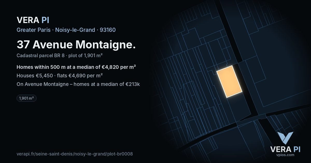 37 Avenue Montaigne, Noisy-le-Grand at night – the plot lit, the parcels around coloured by the prices near them
