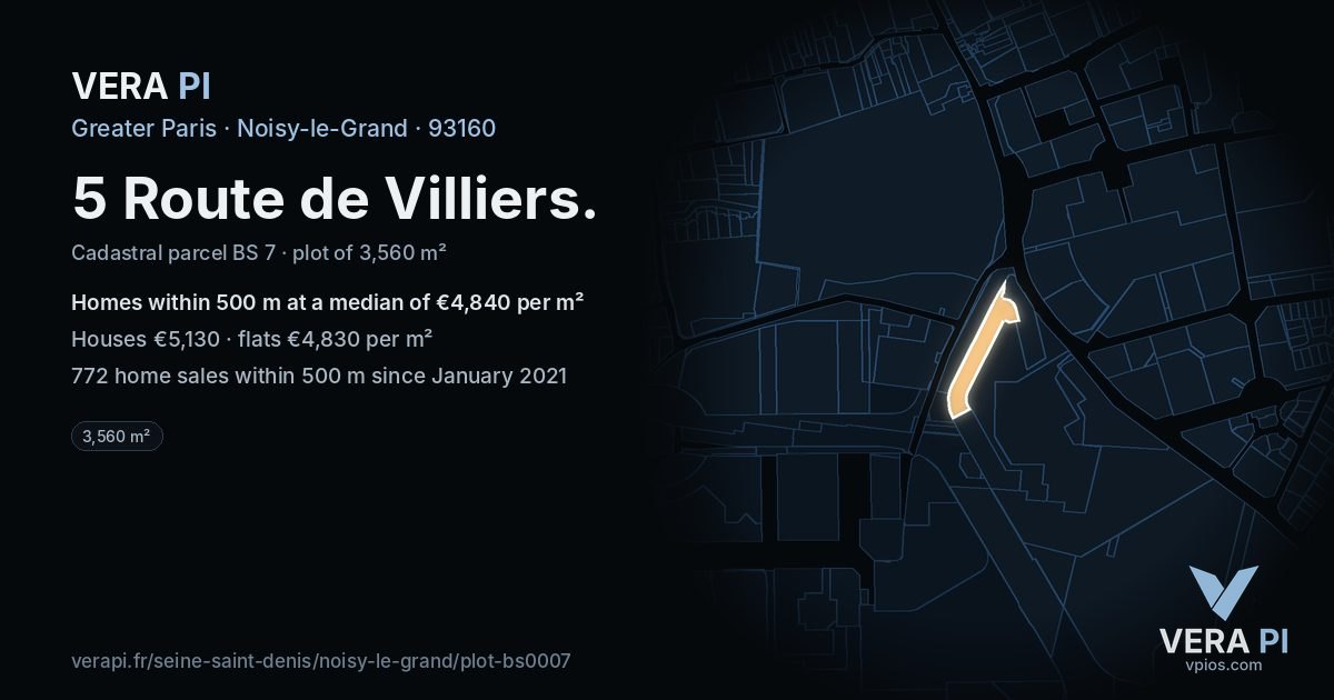 5 Route de Villiers, Noisy-le-Grand at night – the plot lit, the parcels around coloured by the prices near them