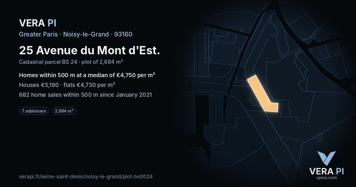25 Avenue du Mont d'Est, Noisy-le-Grand at night – the plot lit, the parcels around coloured by the prices near them
