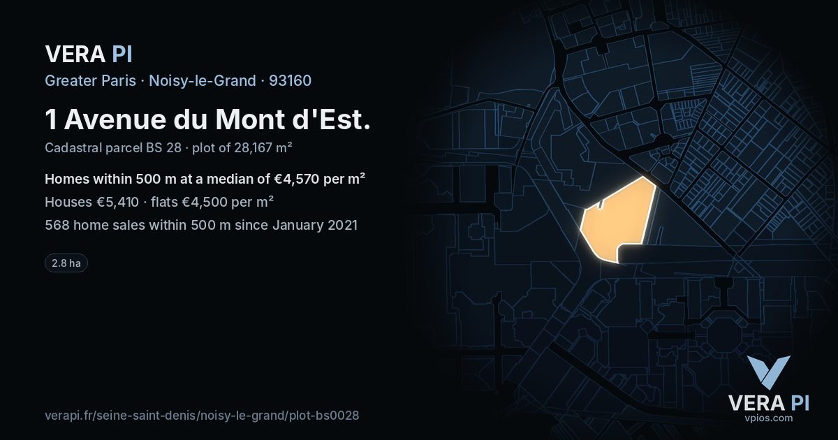 1 Avenue du Mont d'Est, Noisy-le-Grand at night – the plot lit, the parcels around coloured by the prices near them