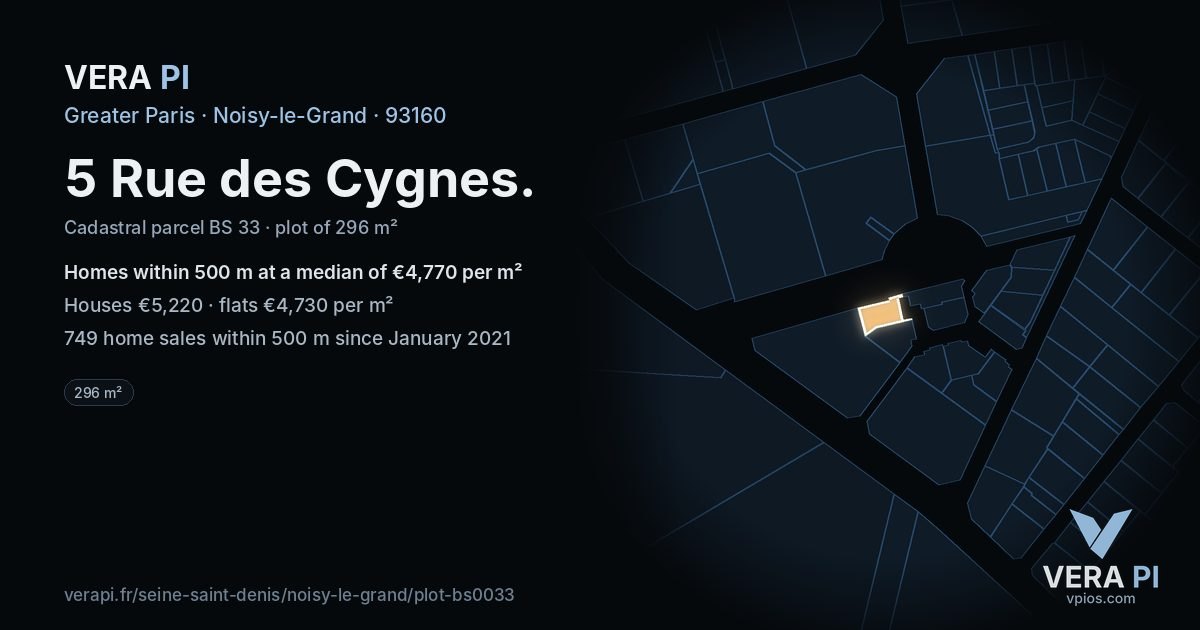 5 Rue des Cygnes, Noisy-le-Grand at night – the plot lit, the parcels around coloured by the prices near them