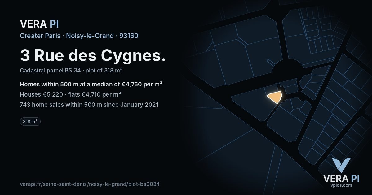 3 Rue des Cygnes, Noisy-le-Grand at night – the plot lit, the parcels around coloured by the prices near them