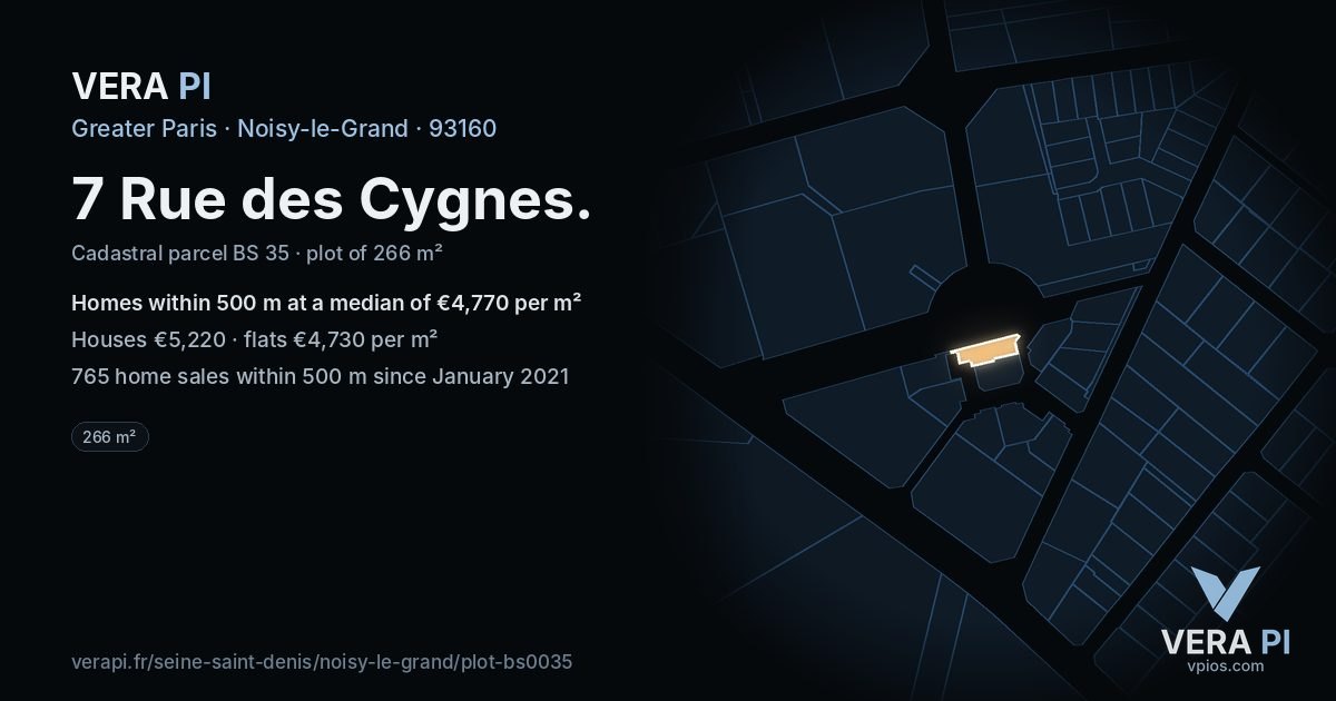 7 Rue des Cygnes, Noisy-le-Grand at night – the plot lit, the parcels around coloured by the prices near them