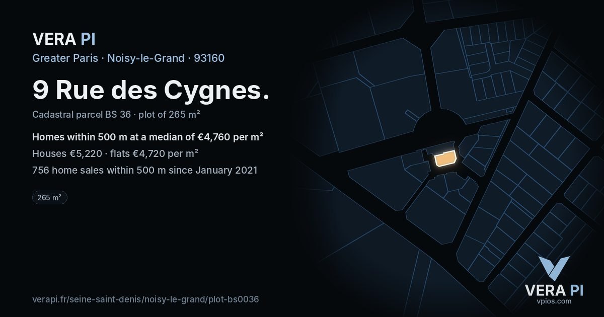 9 Rue des Cygnes, Noisy-le-Grand at night – the plot lit, the parcels around coloured by the prices near them