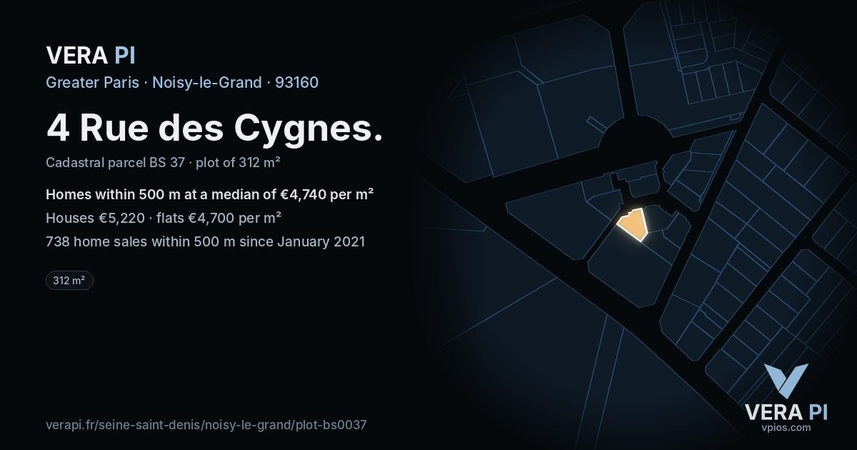 4 Rue des Cygnes, Noisy-le-Grand at night – the plot lit, the parcels around coloured by the prices near them