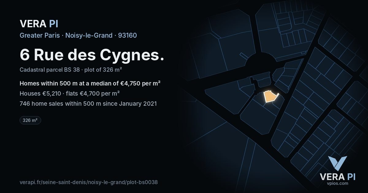 6 Rue des Cygnes, Noisy-le-Grand at night – the plot lit, the parcels around coloured by the prices near them