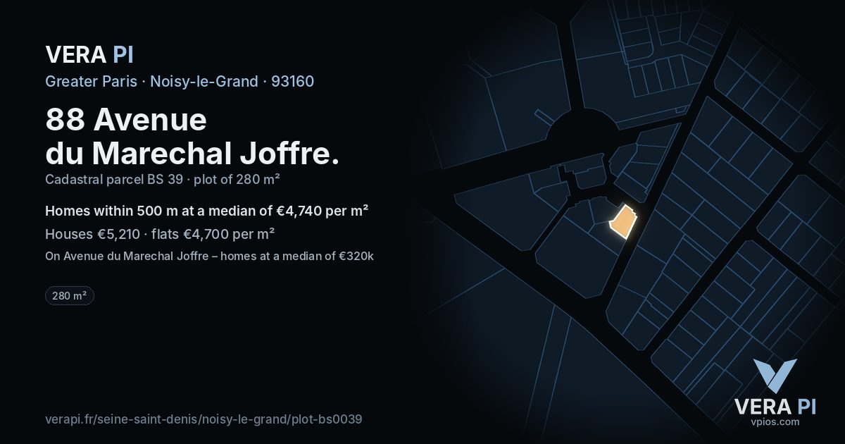 88 Avenue du Marechal Joffre, Noisy-le-Grand at night – the plot lit, the parcels around coloured by the prices near them