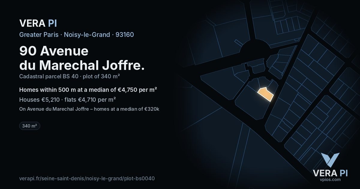 90 Avenue du Marechal Joffre, Noisy-le-Grand at night – the plot lit, the parcels around coloured by the prices near them