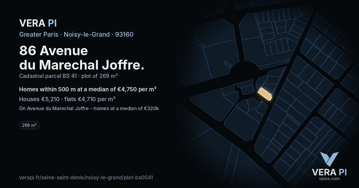 86 Avenue du Marechal Joffre, Noisy-le-Grand at night – the plot lit, the parcels around coloured by the prices near them
