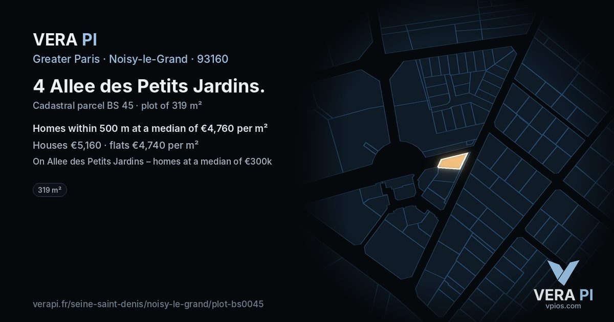 4 Allee des Petits Jardins, Noisy-le-Grand at night – the plot lit, the parcels around coloured by the prices near them