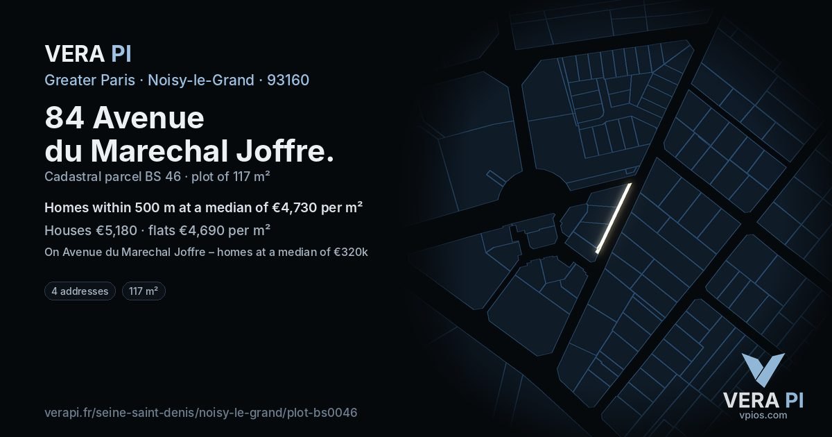 84 Avenue du Marechal Joffre, Noisy-le-Grand at night – the plot lit, the parcels around coloured by the prices near them