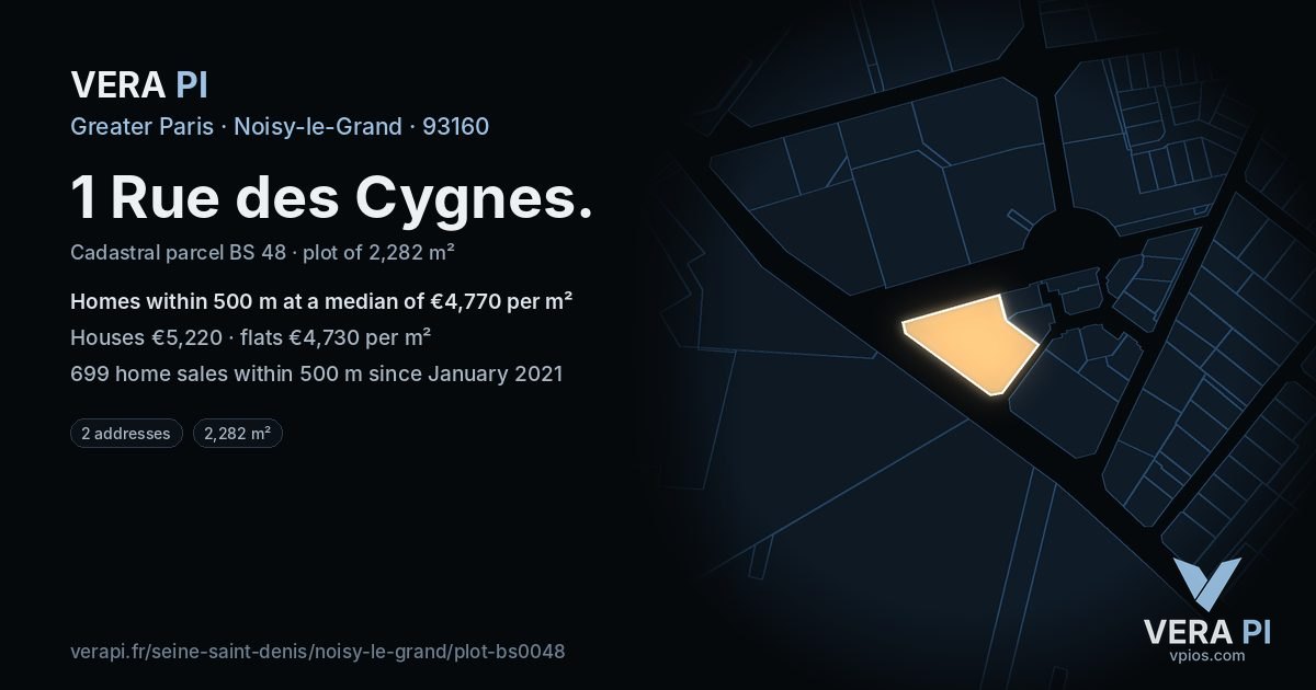 1 Rue des Cygnes, Noisy-le-Grand at night – the plot lit, the parcels around coloured by the prices near them