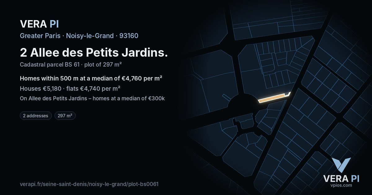 2 Allee des Petits Jardins, Noisy-le-Grand at night – the plot lit, the parcels around coloured by the prices near them