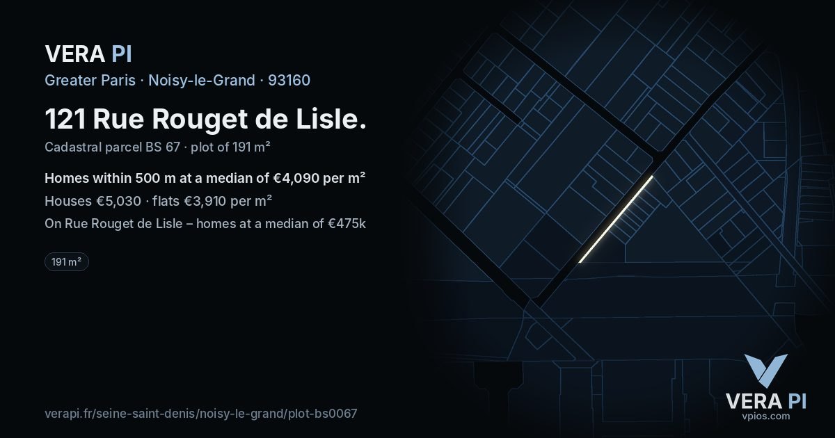 121 Rue Rouget de Lisle, Noisy-le-Grand at night – the plot lit, the parcels around coloured by the prices near them