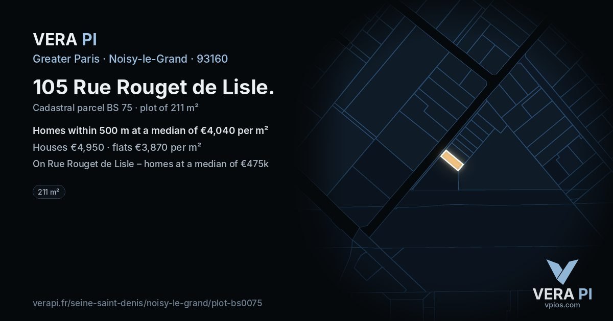 105 Rue Rouget de Lisle, Noisy-le-Grand at night – the plot lit, the parcels around coloured by the prices near them