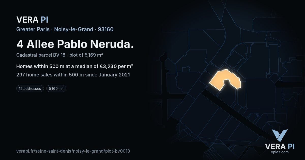 4 Allee Pablo Neruda, Noisy-le-Grand at night – the plot lit, the parcels around coloured by the prices near them