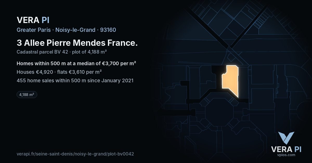3 Allee Pierre Mendes France, Noisy-le-Grand at night – the plot lit, the parcels around coloured by the prices near them