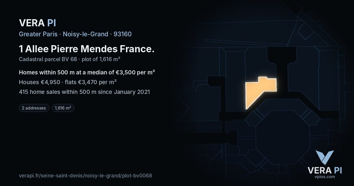 1 Allee Pierre Mendes France, Noisy-le-Grand at night – the plot lit, the parcels around coloured by the prices near them