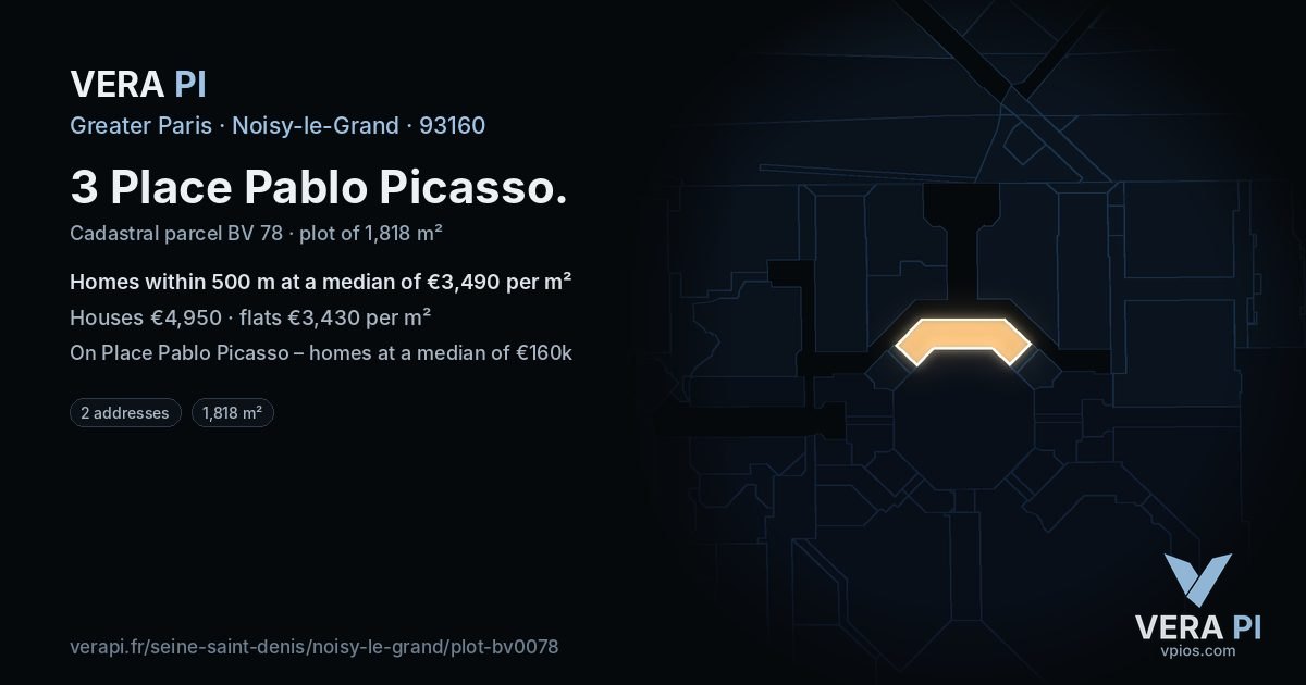 3 Place Pablo Picasso, Noisy-le-Grand at night – the plot lit, the parcels around coloured by the prices near them