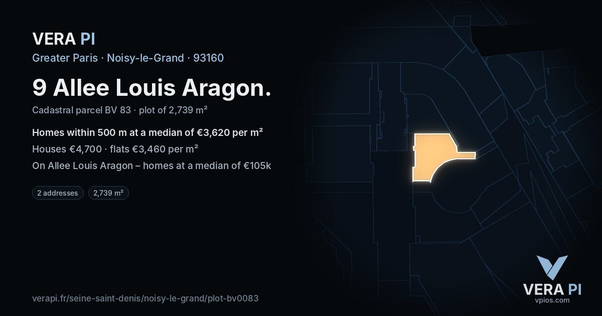 9 Allee Louis Aragon, Noisy-le-Grand at night – the plot lit, the parcels around coloured by the prices near them