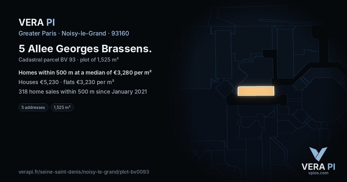 5 Allee Georges Brassens, Noisy-le-Grand at night – the plot lit, the parcels around coloured by the prices near them