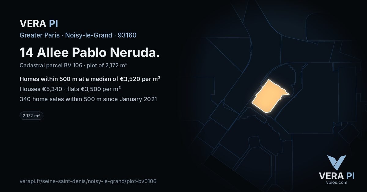 14 Allee Pablo Neruda, Noisy-le-Grand at night – the plot lit, the parcels around coloured by the prices near them