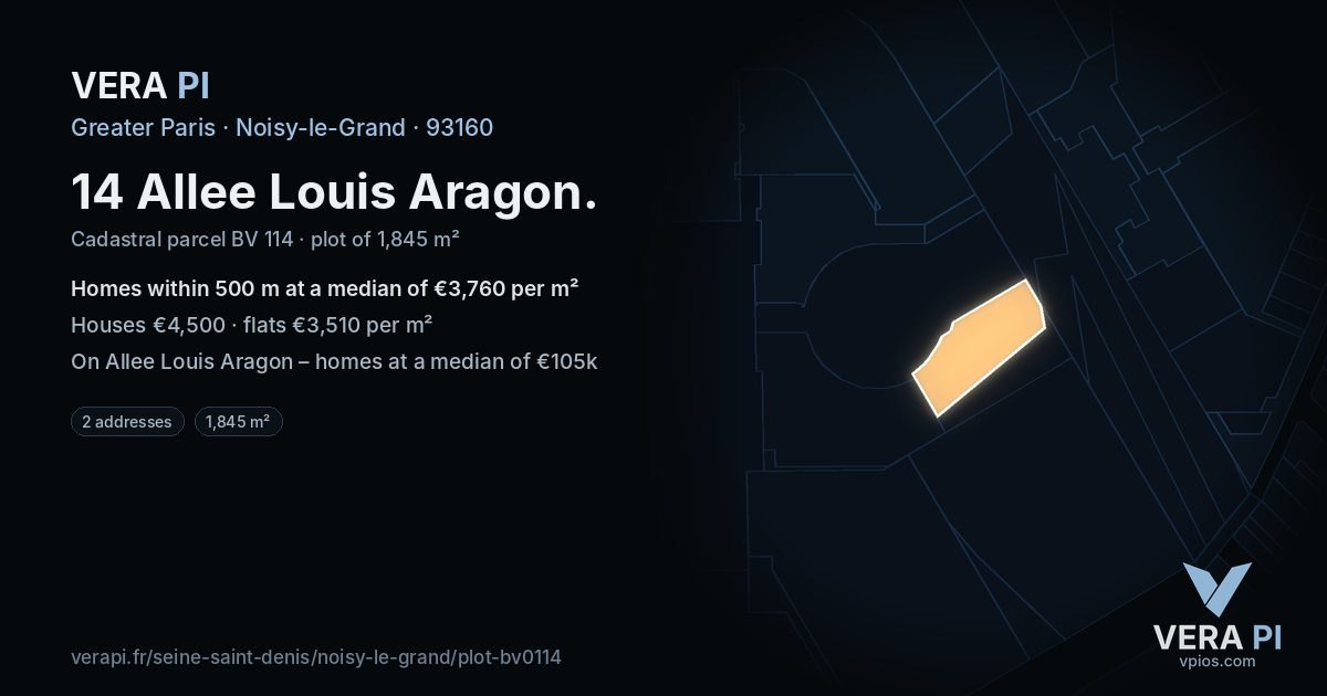 14 Allee Louis Aragon, Noisy-le-Grand at night – the plot lit, the parcels around coloured by the prices near them
