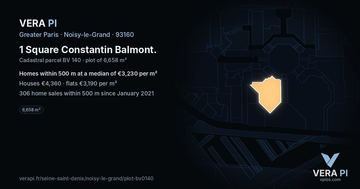 1 Square Constantin Balmont, Noisy-le-Grand at night – the plot lit, the parcels around coloured by the prices near them