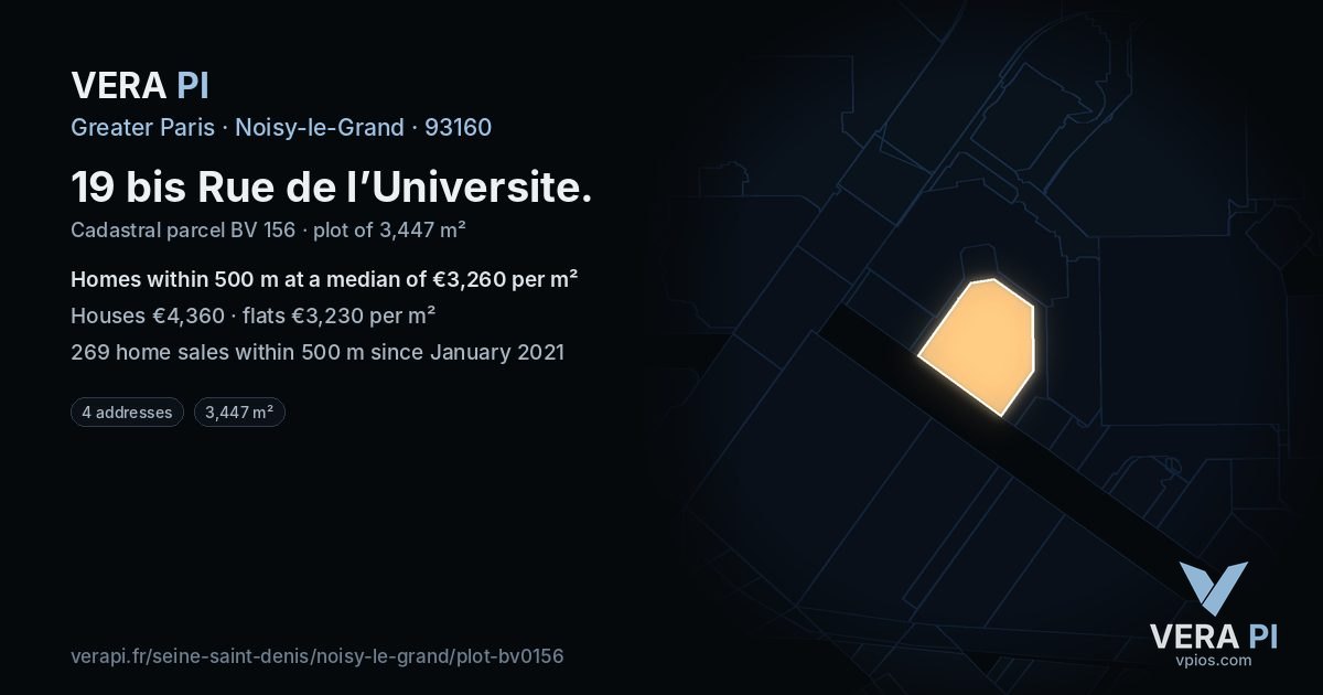 19 bis Rue de l’Universite, Noisy-le-Grand at night – the plot lit, the parcels around coloured by the prices near them