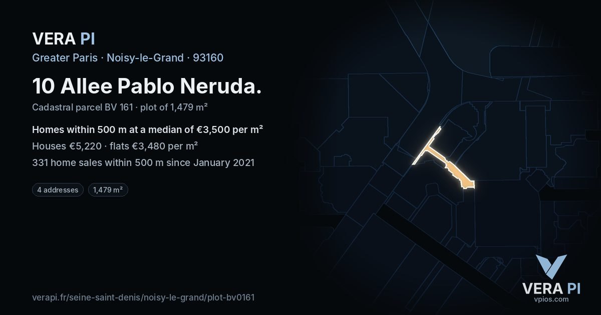 10 Allee Pablo Neruda, Noisy-le-Grand at night – the plot lit, the parcels around coloured by the prices near them