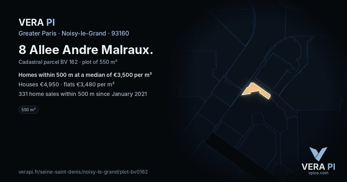 8 Allee Andre Malraux, Noisy-le-Grand at night – the plot lit, the parcels around coloured by the prices near them