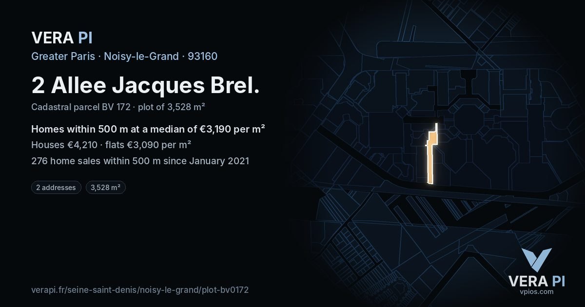 2 Allee Jacques Brel, Noisy-le-Grand at night – the plot lit, the parcels around coloured by the prices near them