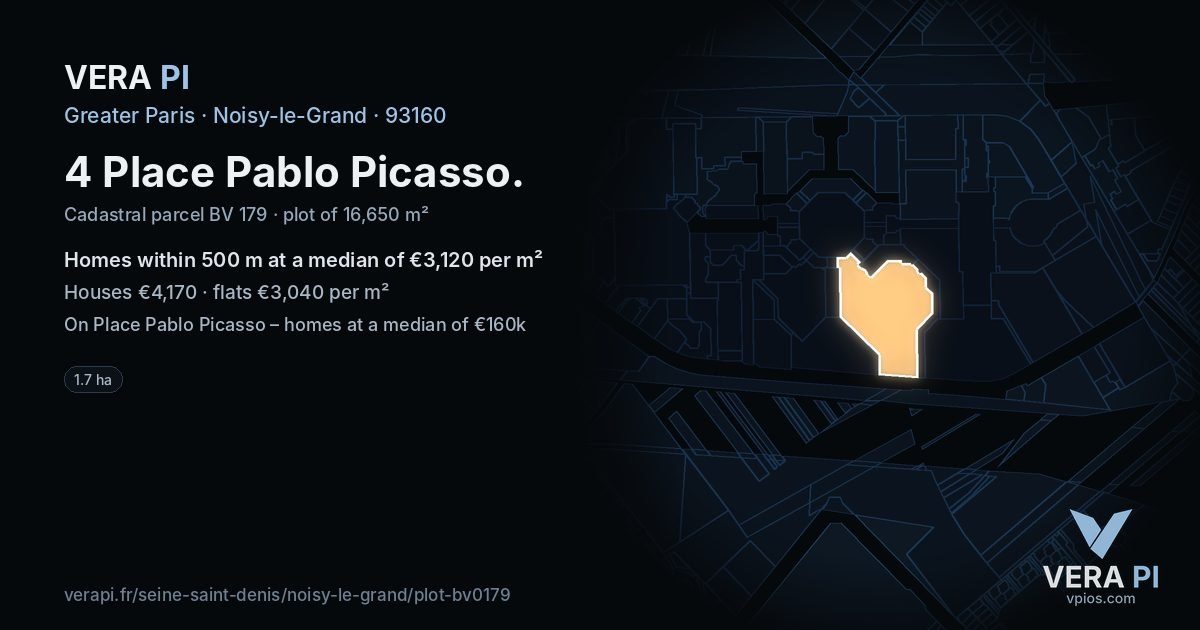 4 Place Pablo Picasso, Noisy-le-Grand at night – the plot lit, the parcels around coloured by the prices near them