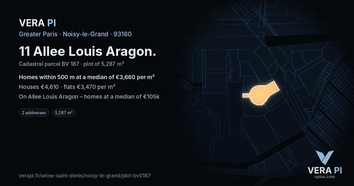 11 Allee Louis Aragon, Noisy-le-Grand at night – the plot lit, the parcels around coloured by the prices near them