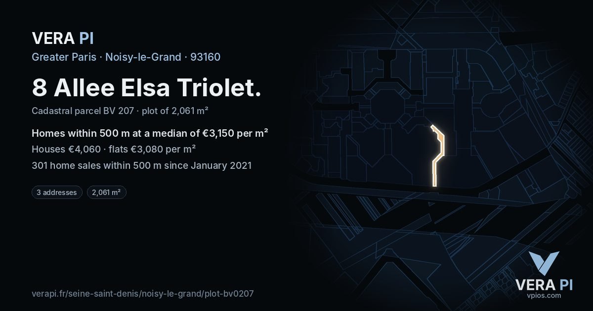 8 Allee Elsa Triolet, Noisy-le-Grand at night – the plot lit, the parcels around coloured by the prices near them
