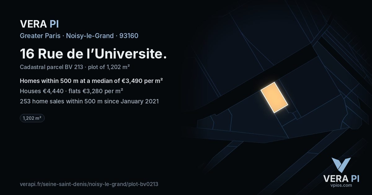 16 Rue de l’Universite, Noisy-le-Grand at night – the plot lit, the parcels around coloured by the prices near them