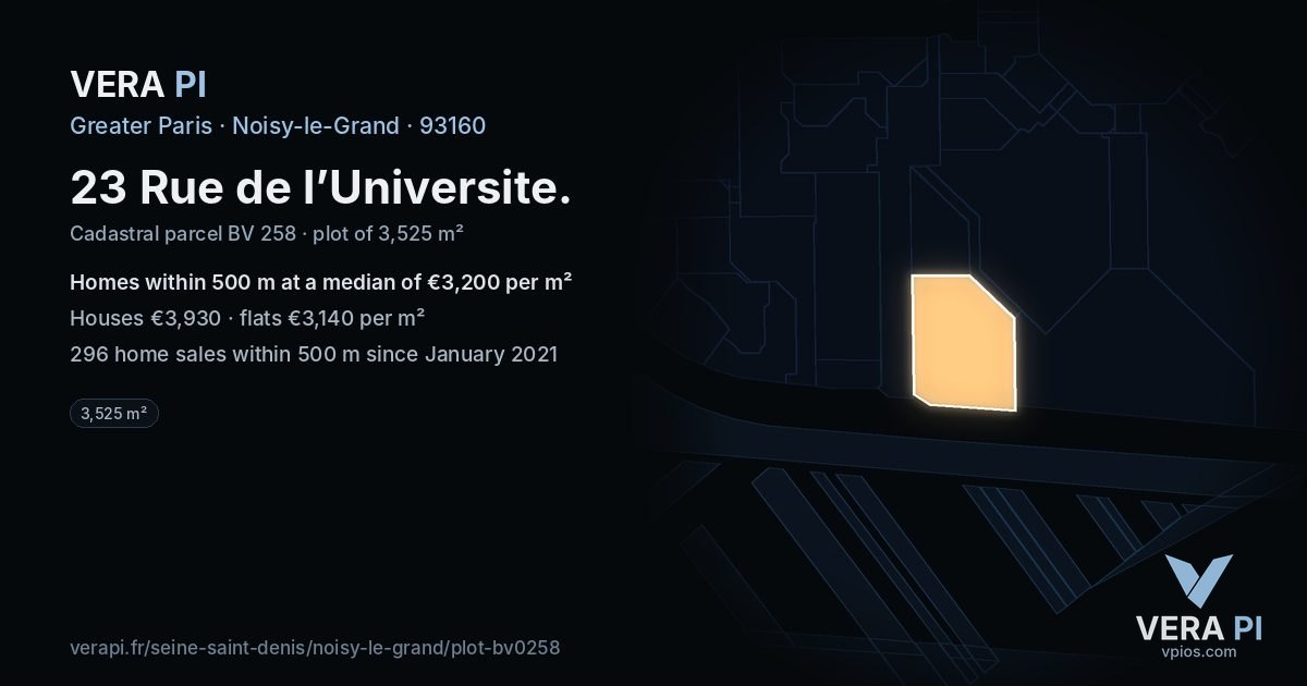 23 Rue de l’Universite, Noisy-le-Grand at night – the plot lit, the parcels around coloured by the prices near them