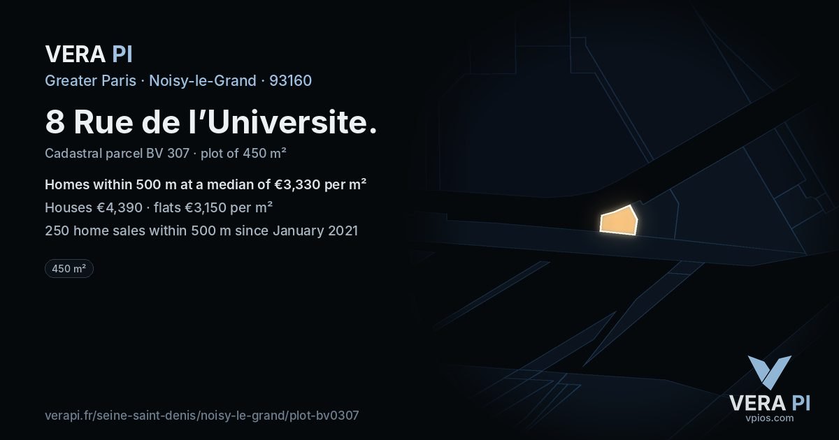 8 Rue de l’Universite, Noisy-le-Grand at night – the plot lit, the parcels around coloured by the prices near them