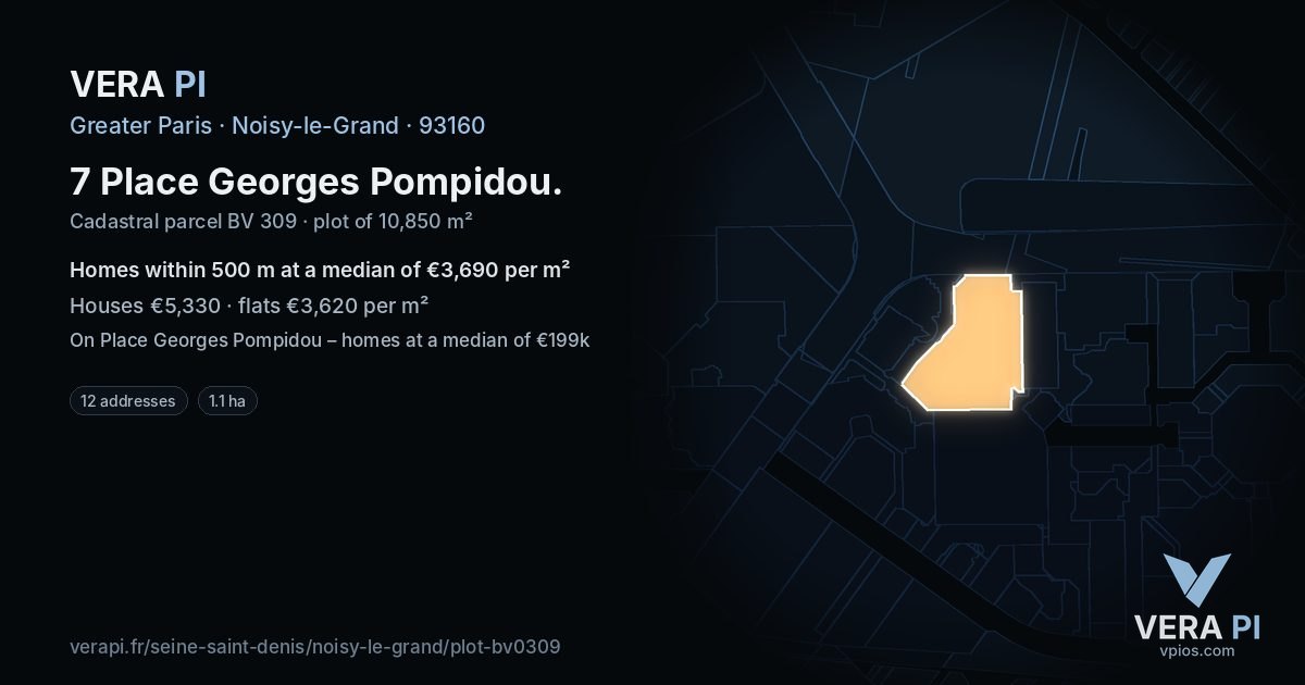 7 Place Georges Pompidou, Noisy-le-Grand at night – the plot lit, the parcels around coloured by the prices near them