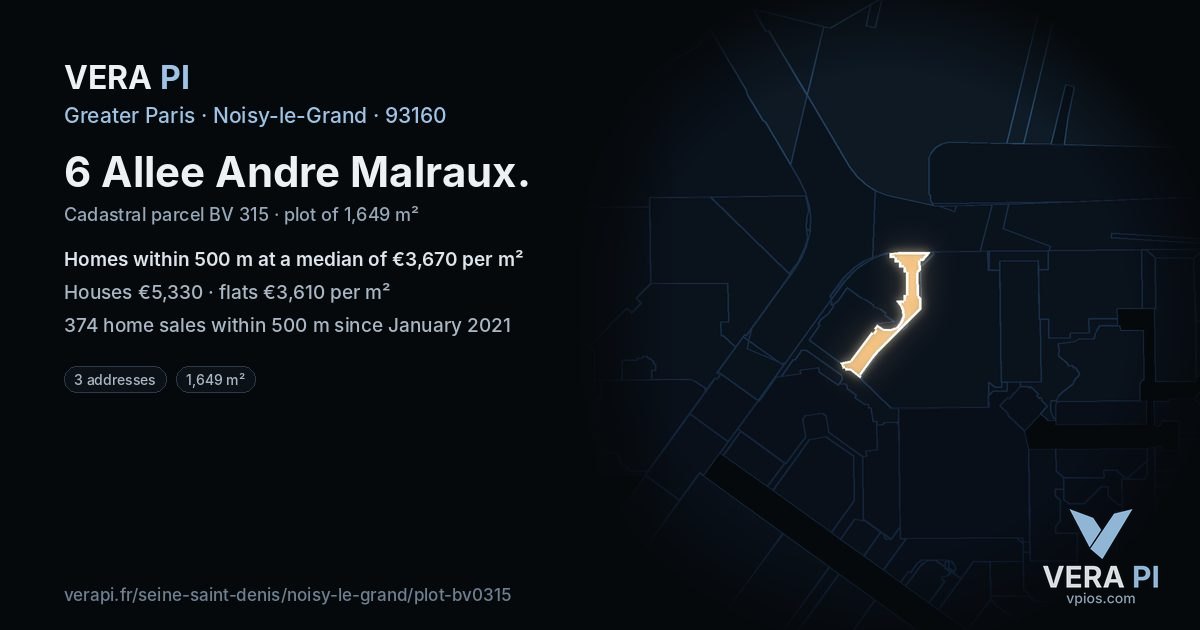 6 Allee Andre Malraux, Noisy-le-Grand at night – the plot lit, the parcels around coloured by the prices near them
