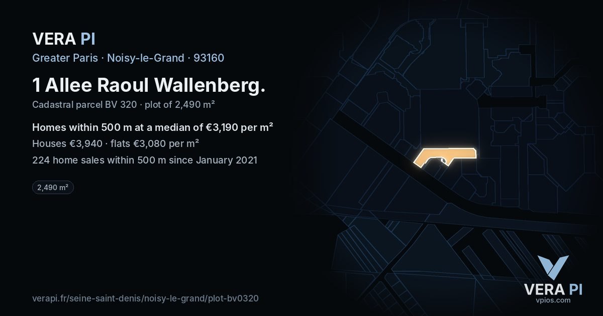1 Allee Raoul Wallenberg, Noisy-le-Grand at night – the plot lit, the parcels around coloured by the prices near them