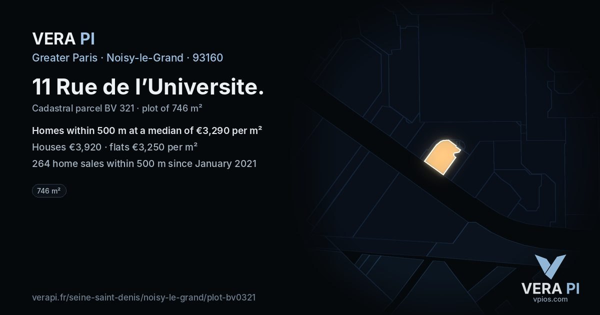 11 Rue de l’Universite, Noisy-le-Grand at night – the plot lit, the parcels around coloured by the prices near them