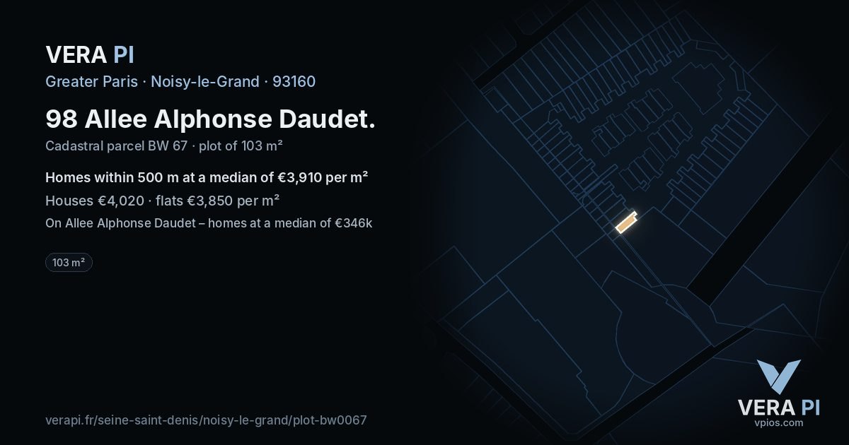 98 Allee Alphonse Daudet, Noisy-le-Grand at night – the plot lit, the parcels around coloured by the prices near them
